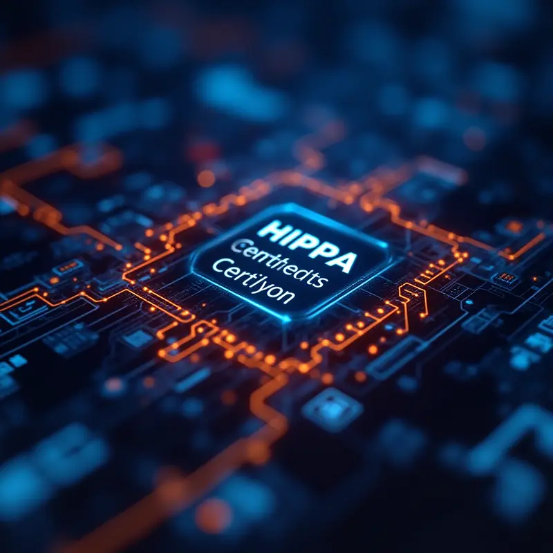 Certifications and Compliance with blue and orange lights glowing with cybersecurity symbolism with HIPPA.