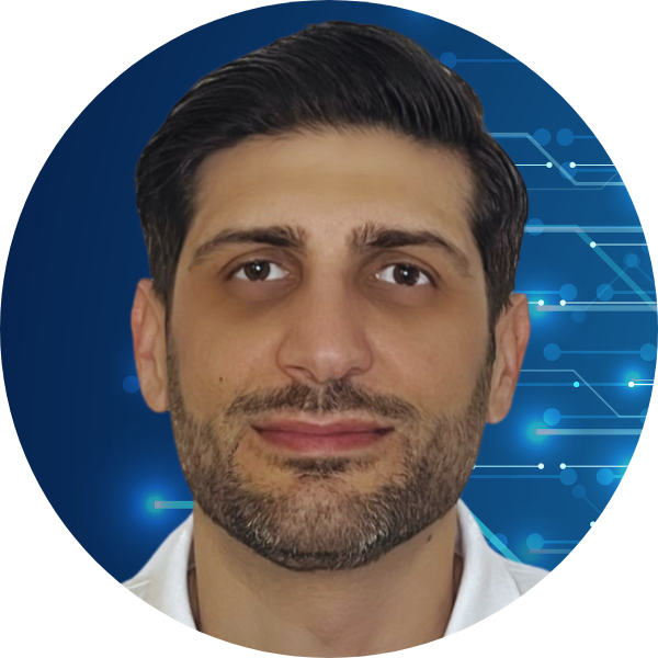 Head shot of a person with a blue background