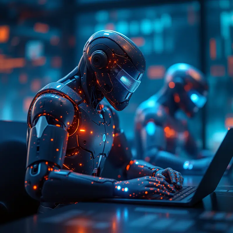 Hi-Tech Futuristic Emerging Technologies about AI Blockchain with blue and orange lights glowing with cyber security on quantum technologies.