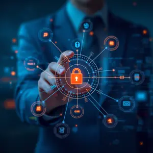 Secure User Access Management for Los Angeles Businesses for IT Services, Man pointing finger at electronic image of a padlock.